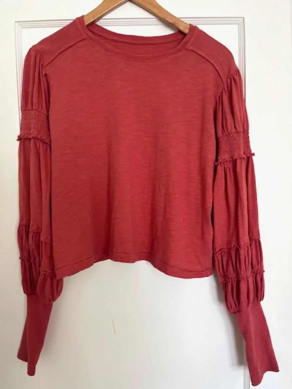 Anthropologie Pilcro Crew-Neck Ruched & Smocked-Sleeve Top | Size Small - Picture 2 of 8